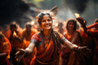 A joyful woman dancing in a traditional Indian festival with a happy crowd and vibrant colors all around.