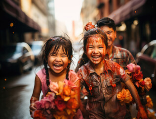 Two joyful children running and laughing on an urban street, holding vibrant flowers and enjoying Holi festival together.