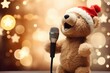 Cute, realistic plush bear with microphone, on christmas background and christmas lights.