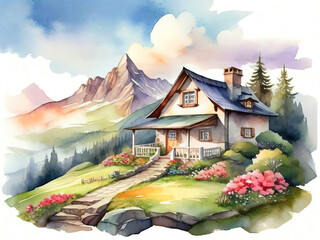 Wall Mural - Watercolor summer idyllic landscape, small wooden house in the mountains, children story book style.