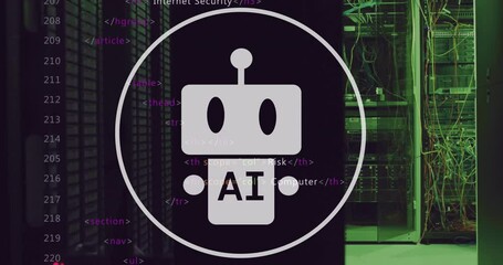 Poster - Animation of robot and ai text in circles and computer language, data server systems in server room
