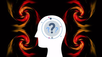 Poster - Animation of question marks with circles in human head over dynamic spiral patterns