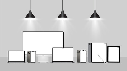 Poster - Laptop Computer, Mobile Phone and Tablet PC Mock up. Abstract smart device under the lamp. Realistic high-detailed technology devices set. Vector illustration.
