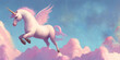 Pink pegasus pony unicorn horse with wings,horn flaying in the heaven sky with fluffy clouds.Kawaii cute fairy tale pastel vector drawing illustration.Childish wallpaper banner background.