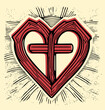Red heart with cross of Jesus Christ.Christian love symbol.Silhouette outline inside with wood texture sketch drawing Sunburst rays.Vector line art sign.Biblical sticker.T shirt print.Logo icon.