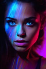 young beautiful woman with blue neon glowing eyes closeup portrait, female with stylish purple and blue makeup 