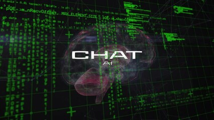 Poster - Animation of computer language and chat ai text in human brain over black background