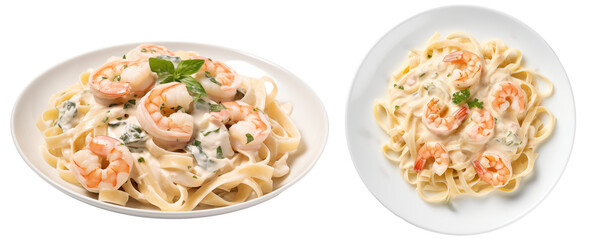 Wall Mural - Shrimp Alfredo with fettuccine pasta in creamy sauce isolated on white background, food bundle, side and top view