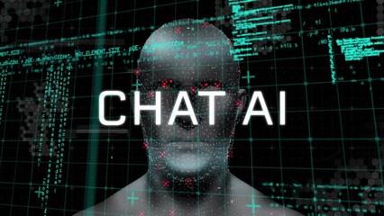 Poster - Animation of chat ai text, computer language and human representation over black background