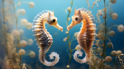 Poster - Close-Up of Elegant Seahorses in Seagrass Background