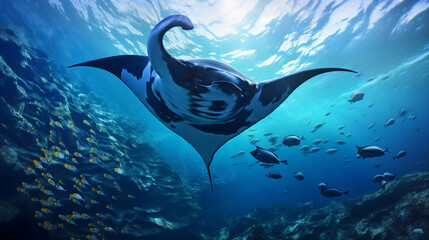 Poster - Giant Manta Rays Gliding Through Open Ocean Background