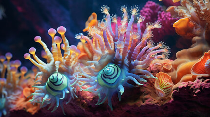 Poster - Exotic Nudibranchs Crawling on Colorful Coral Background