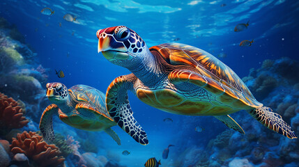 Poster - Majestic Sea Turtles Gliding Through Deep Blue Waters Background