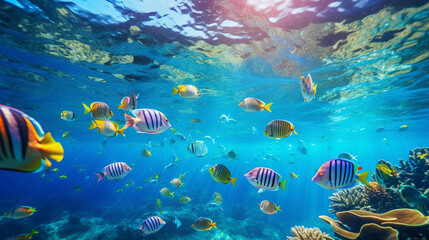 Poster - Schools of Tropical Fish Swimming in Clear Ocean Waters Background