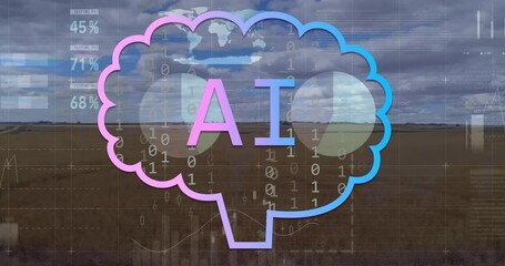 Poster - Animation of ai text, binary codes in brain, infographic interface over landscape and cloudy sky