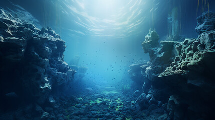 Poster - Underwater Volcanic Landscape with Bubbling Vents Background
