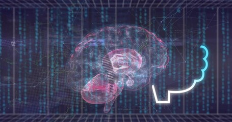 Poster - Animation of speech bubbles, binary codes, robot and brains over abstract background