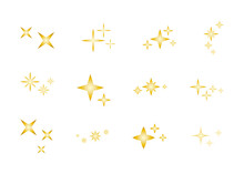 Set Of Decorative Golden Stars Elements. Gold Gradient Little Sparkles, Isolated On White Background. Cute Yellow Star Silhouettes For Decorating Invitations And Cards, Holiday Decor And Design.