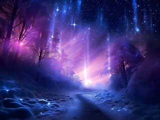 Fantasy Christmas winter landscape with snow covered trees and pink and blue aurora borealis