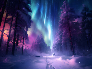 Fantasy Christmas winter landscape with snow covered trees and pink and blue aurora borealis