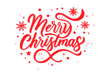 Merry Christmas Hand Drawn Lettering With Decoration, Xmas Calligraphy On White Background