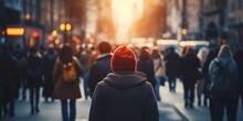 Back View Of A Crowd Of People Walking On The Street In A Busy European City In The Evening Out Of Focus Blurred Background - Generative Ai