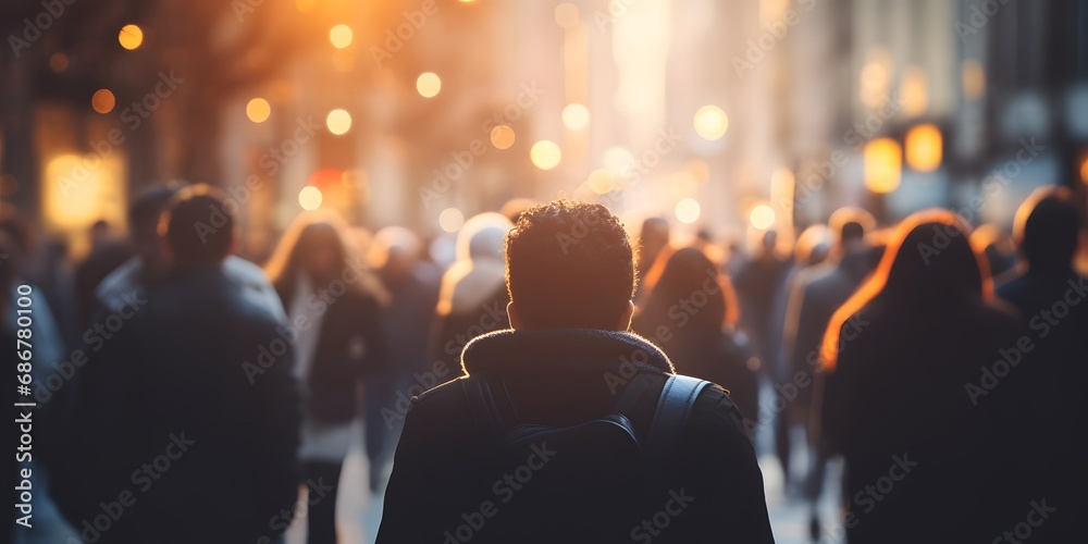 Back view of a crowd of people walking on the street in a busy European ...