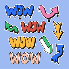 Poster - Vintage retro 90s style sticker set with word WOW with arrows. Hand drawn lettering in bubble, street style graffiti and 2000s style. Ideal for stickers, decoration. Different kind of arrows.