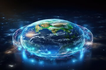 Poster - hologram earth in space, 3d glowing holograpahic planet earth in dark background