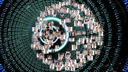 Poster - Animation of globe with networks of connections with photos of diverse businesspeople