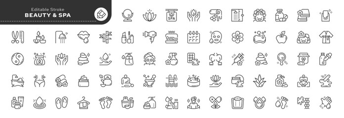 Set of line icons in linear style. Series - Spa salon, beauty. Skin, face, hair and body care. Outline icon collection. Pictogram and infographics.