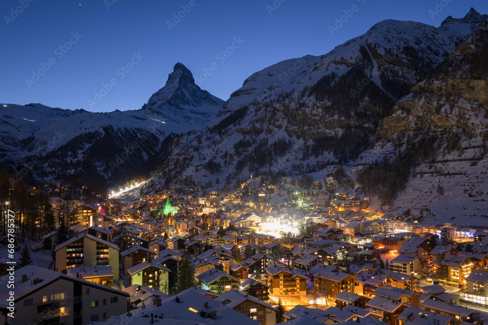 Panoramic landscape of Zermatt city Valley famous travel ski resort and ...