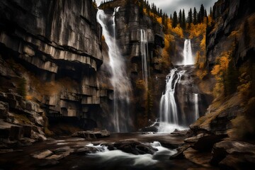 Wall Mural - A dramatic waterfall splitting into multiple streams as it descends over a rugged cliff face.