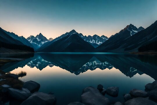 A serene alpine lake reflecting the surrounding mountains and the sky at twilight.
