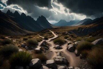 Wall Mural - A rugged mountain path winding through rocky terrain and sparse vegetation under a stormy sky.