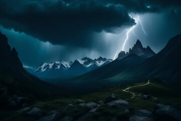 Wall Mural - A mountain range during a thunderstorm, with lightning illuminating the peaks against dark clouds.