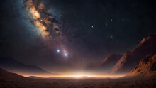 Fantasy Alien Planet. Mountain And Nebula.
