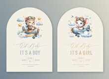 Cute Baby Shower Watercolor Arch Invitation Card With Bear And Rabbit Pilot On An Airplane. Hello Baby Calligraphy.