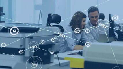 Poster - Animation of network of connections with icons over diverse businesspeople in office