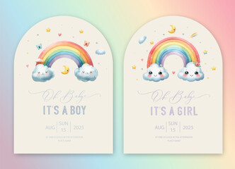 Wall Mural - Cute baby shower watercolor invitation card with rainbow and cloud. Hello baby calligraphy.