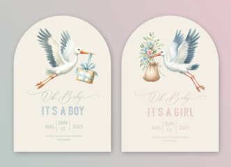 Wall Mural - Cute baby shower watercolor invitation card with stork and bundle. Hello baby calligraphy.