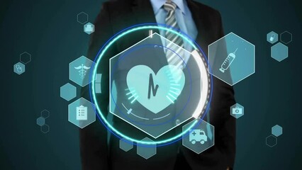Poster - Animation of medical icons and data processing over caucasian businessman
