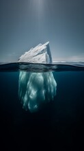 Big Iceberg Significant Part Submerged Underwater As Unseen Efforts For Success. Hidden Struggles Hard Work Contribute To Visible Achievements, Depth Of Dedication Perseverance Behind Surface Concept.