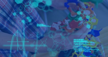 Poster - Animation of scientific data processing over caucasian boy in laboratory