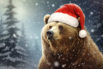 Experience winter with a delightful scene of a bear wearing a Santa hat while snowing. Ai generated