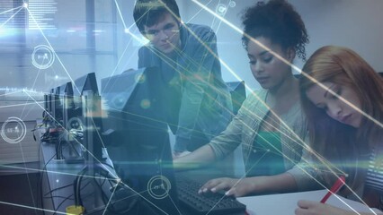 Poster - Animation of networks of connections over diverse businesspeople in office