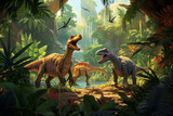 Fototapeta  - Step into the past with this imaginative illustration depicting dinosaurs thriving in a lush prehistoric Jurassic jungle. Ai generated