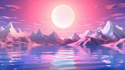 Canvas Print - Pink landscape with moon over polygonal mountains. Calm surreal backround