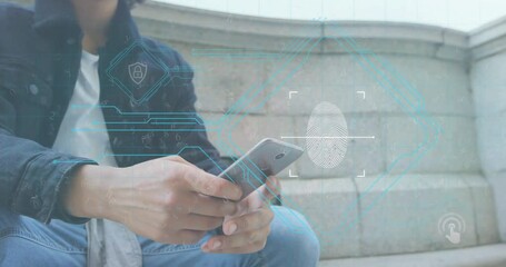 Poster - Animation of financial data processing over biracial man using smartphone