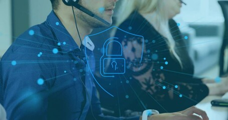 Poster - Animation of digital padlock icon over diverse businesspeople in office